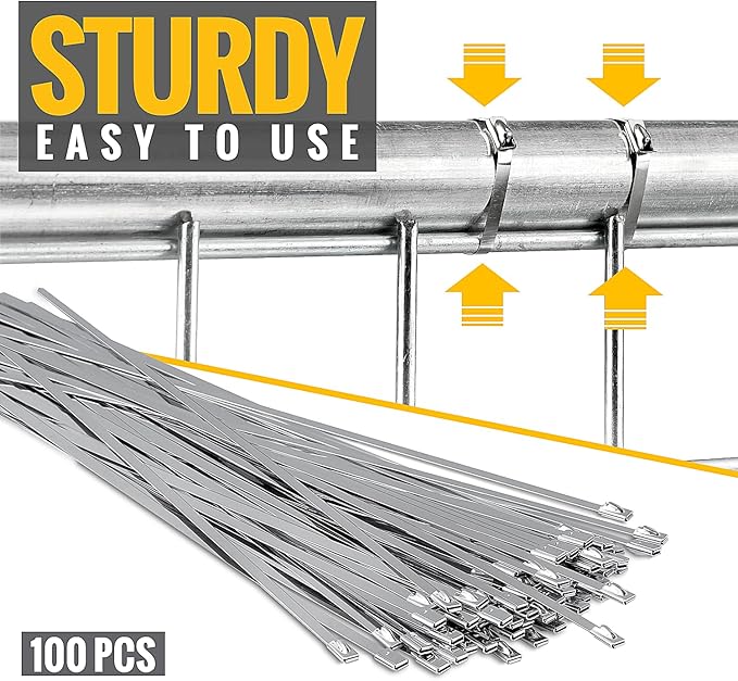 Heavy Duty Stainless Steel Zip Ties, 11.8 Inch 100 Pcs Uv Resistant Metal Cable Ties With Cutting Tool For Machinery, Chain Fence Parts, Barbed Wire Rolls, Outdoor Poultry Fence Repairs, Etc.