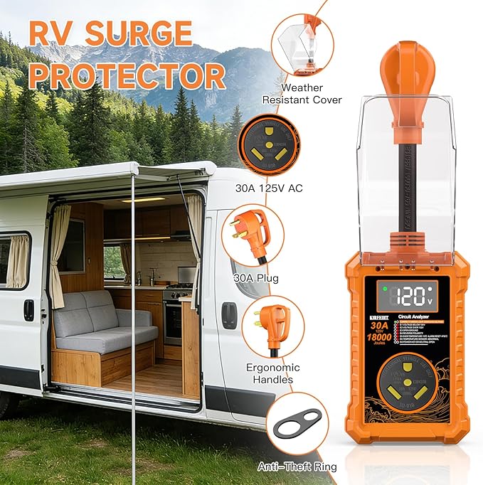 RV Surge Protector 30 Amp - 18000 Joules Power Voltage Protection Surge Protectors, RV Circuit Analyzer with LED Display IP68 Waterproof Cover, RV Adapter Plug for Campers & Travel Trailers