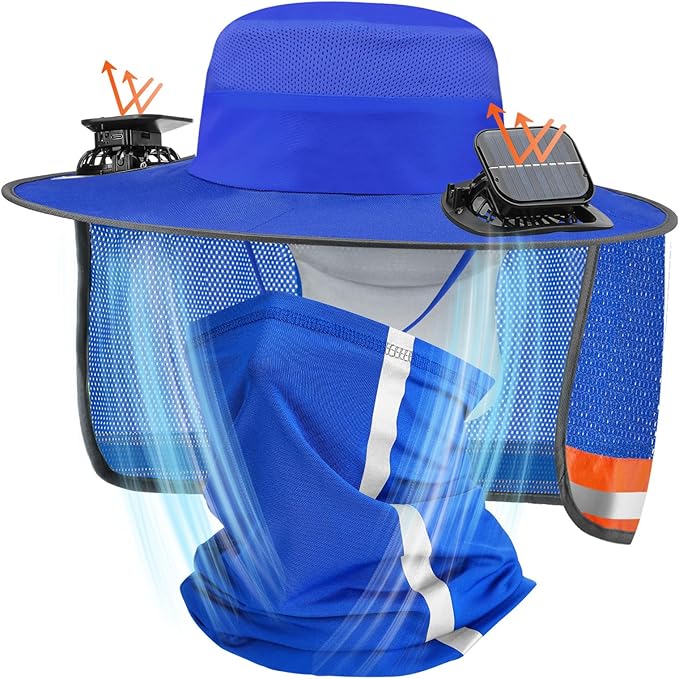 Solar Fan Hat for Men Women Sun Wide Brim Fishing Hat with Dual Power Ice Silk Neck Cover Reflective Design
