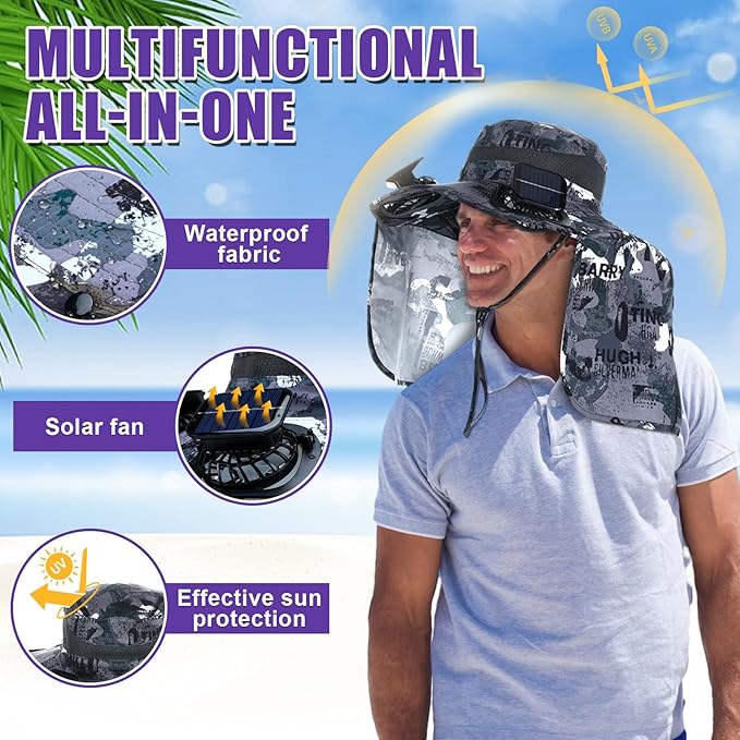 Chuarry Wide Brim Sun Hat with 2 Fan Outdoor Solar Powered USB Charging Fishing Hat with Neck Flap for Men Women
