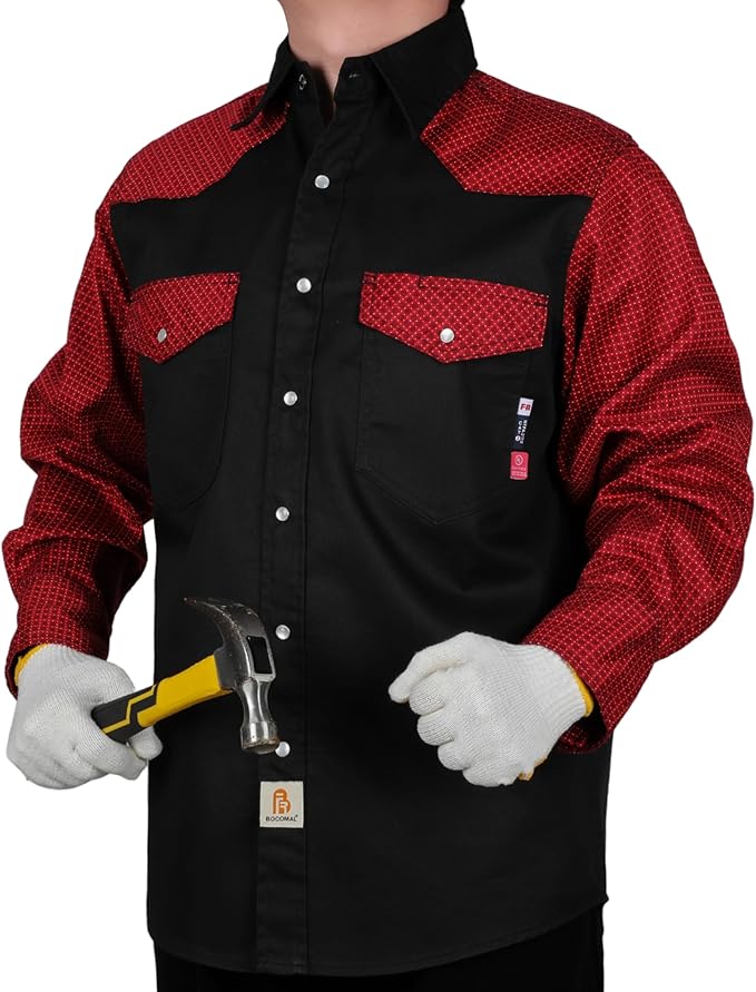 BOCOMAL FR Shirts Pearl Snaps Two Tone Plaid/Solid Flame Resistant Cotton Welding Shirt NFPA 2112 CAT 2