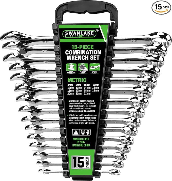 SWANLAKE GARDEN TOOLS 15-Piece Metric Combination Wrench Set, 12-Point Max Torque Open End Wrench Set, Cr-V Steel Wrenches 8, 9, 10, 11, 12, 13, 14, 15, 16, 17, 18, 19, 20, 21, 22mm with Storage Rack