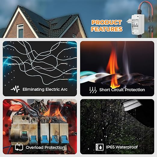 Solar Panel Disconnect Switch 60A 400V DC/AC Miniature Circuit Breaker with DIN Rail Box Enclosure Outdoor Small Breaker Box IP65 Waterproof UV-Proof for Solar PV Homes, Battery(60 Amp)
