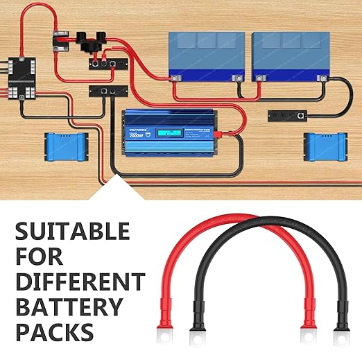 VOLTWORKS 2 AWG Gauge Red + Black Pure Copper Battery Inverter Cables Solar, RV, Car, Boat 1ft 3/8 in Lugs