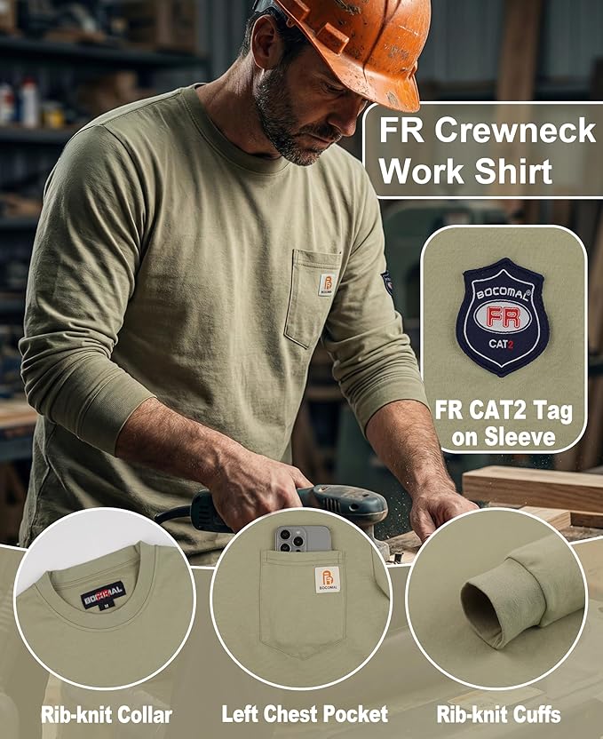 BOCOMAL FR Shirts Lightweight Classic Crew Long Sleeve Fire Resistant Shirt CAT2