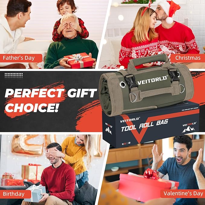 Tool Roll Up Bag, Gifts for Men Dad from Wife Daughter Fathers Day, Portable Tools Box Storage for Men, Heavy Duty Tool Organizer W/Detachable Pouches for Electrician Mechanic Carpenter