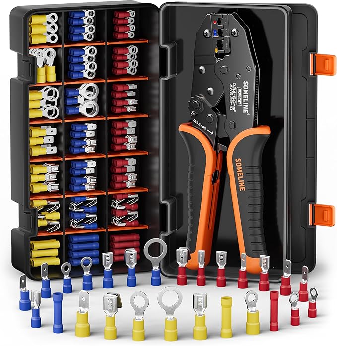 SOMELINE Wire Connectors Kit with Crimping Tool, 26 Types (UL Listed) Premium Insulated Electrical Terminals Assortment, 22-10 AWG Ratchet Wire Crimper - Ring, Butt, Quick Disconnects (187 Pcs)