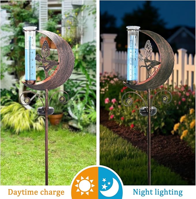 WONDER GARDEN Solar Rain Gauge Outdoor, Decorative Moon Fairy Rain Gauges Outdoors Best Rated, Freeze Proof Water Rain Measure Gauge for Yard Patio Lawn Garden Decor