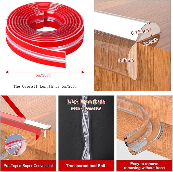 Edge Protector for Baby Proofing,Clear Edge Protector Strip,Sharp Edge Wrap Cover Tape,Self Adhesive Protective Bumper Guards for Cabinet Door,Desk,Glass Table, and Wall 20ft with 4 Corners