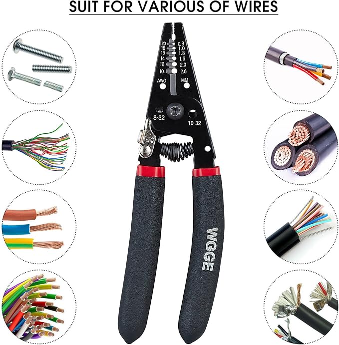WGGE WG-013 Wire Stripper and Cutter 7'',Cuts, strips wire and loops 10-20 AWG Solid and (0.8-2.6mm) Stranded