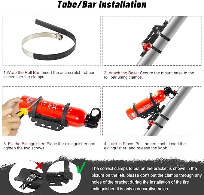 Quick Release Fire Extinguisher Mount with 10 Clamps- Universal Fit Roll Bar & Wall Mount Bracket Holder Adjustable Mounting for UTV Motorcycle Compatible with Jeep Wrangler Polaris RZR Ranger ATV
