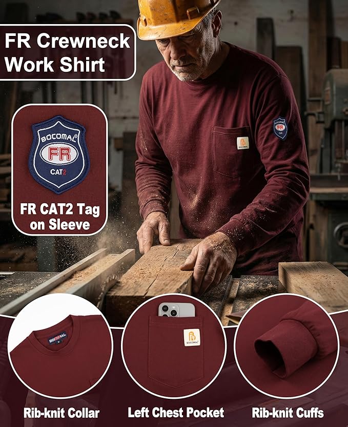 BOCOMAL FR Shirts Lightweight Classic Crew Long Sleeve Fire Resistant Shirt CAT2