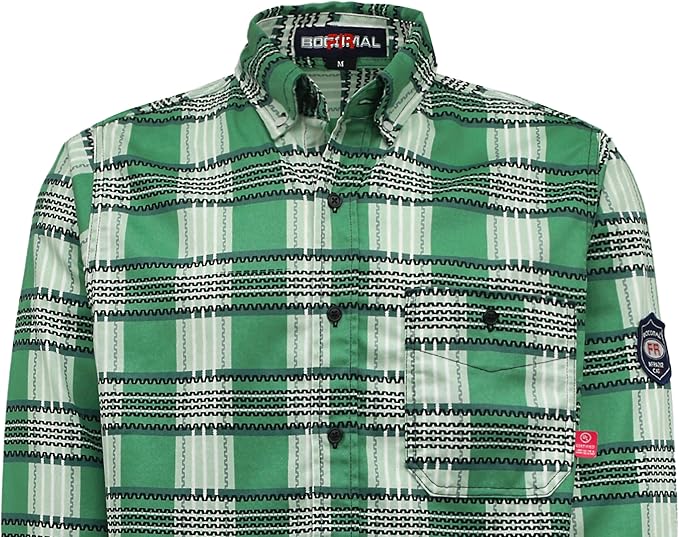 BOCOMAL FR Shirts for Men Printed Plaid Flame Resistant Clothing 6.5oz Cotton Button Up Welding Shirts NFPA2112 CAT2