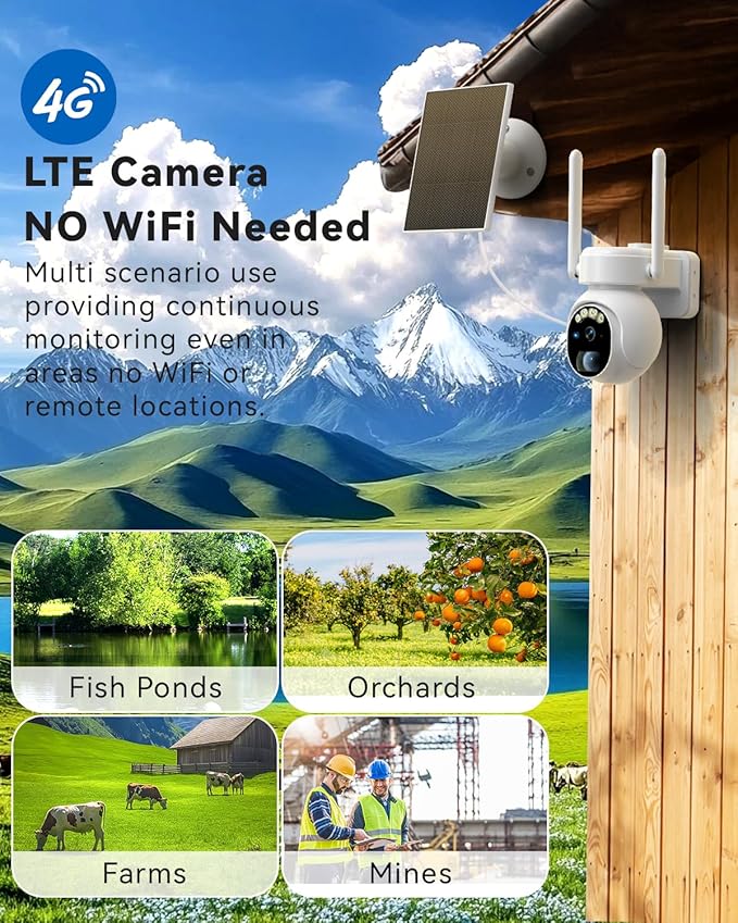 4gLte Cellular Security Camera, No WiFi Security Camera ，360°View PTZ, ABS Fireproof IP65 Waterproof, 2K HD Color Night Vision, Human Tracking, 2-Way Audio