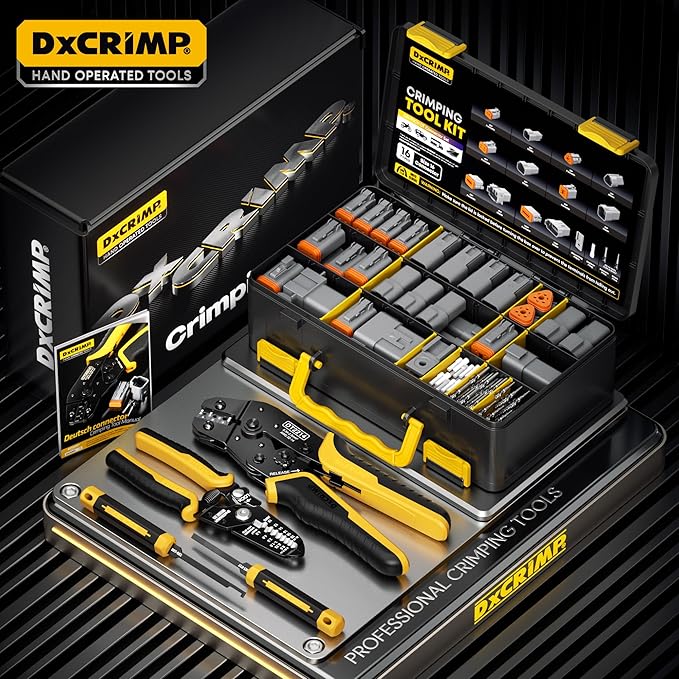 DT Series Connector Crimping Tool Kit, 2-12 Pin Waterproof Connectors, Size 16 Stamped Contacts (22-14 AWG), Ratcheting Crimper Stripper & Removal Tools for Auto, Compatible with Deutsch DT