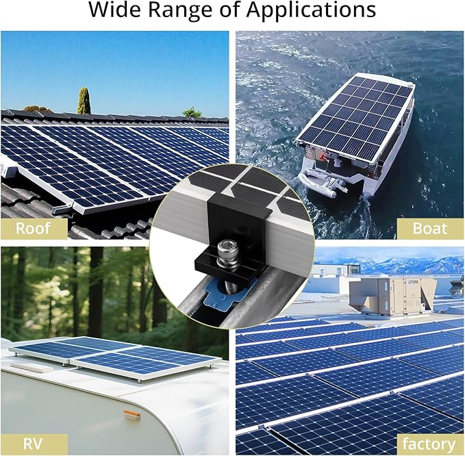 Anbte 10pcs Solar Panel End Clamp for Standard Unistrut, Aluminum 1.57" Solar Panel Brackets with Nuts Bolts, Solar Panel Mounting Kit for Metal Roof, Tin Roof, Flat Roof, Sheet Roof, RV, Black