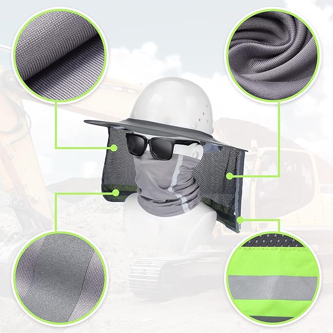 SATINIOR 2 Pcs Sun Hard Hat Neck Protection High Visibility Full Brim Mesh Sun Protection and Neck Gaiter Bandana Face Scarf for Construction Helmet Hard Hat Accessories, Reflective(Grey)
