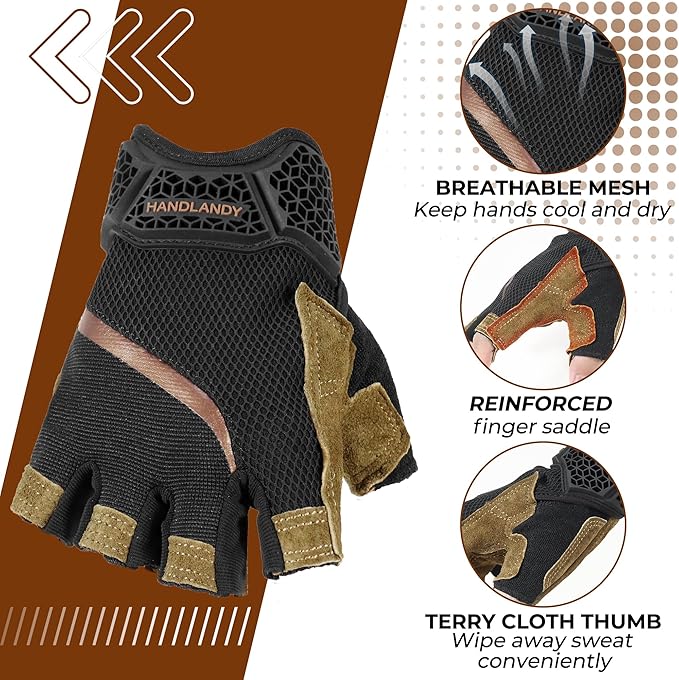 HANDLANDY Fingerless Work Gloves for Mens & Women, Uwrist Half Finger Shock-Absorbing Breathable Glove