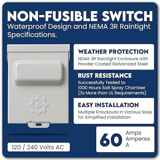 60 Amp or 30 amp Pullout Non-FUSIBLE Disconnect Switch, ControlGear Brand 240V NEMA 3R Outdoor Metallic Enclosure for HVAC Systems, UL Certified, Single Phase Two Wire