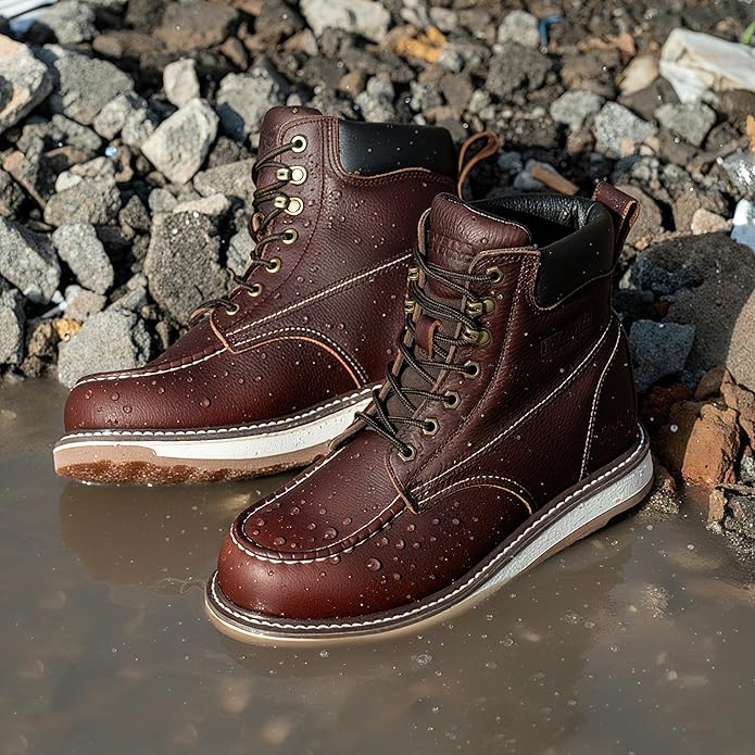 Moc Toe Work Boots for Men Waterproof Soft/Steel Toe Comfortable Full Grain Leather Non Slip Wedge Outsole Construction 6" Workboots