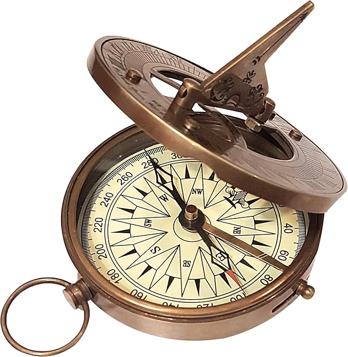 Vintage Navigational Compass Functional Tool Home & Table Decor Nautical Sundial Compass Round Brass Finish