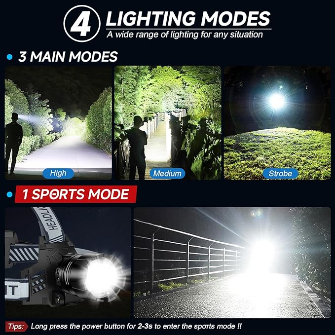 NiaoChao Headlamp Rechargeable, 99000 LM Super Bright LED Head Lamp with 3 Modes, 90° Adjustable Head Lights for Forehead, 20+Hrs Runtime & IPX6 Waterproof HeadLamps for Camping Running