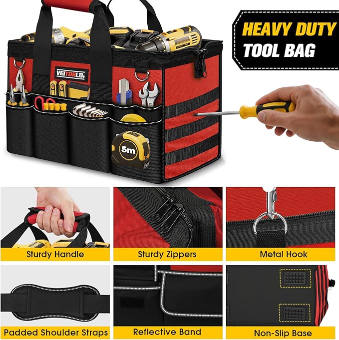 16-Inch Heavy Duty Tool Bag, 19-Pockets Tool Box Organizer, Portable Toolbag W/Soft Handle for Organized Storage, Mechanic Gifts for Men Dad Husband Fathers Day, Wide Mouth Electrician Toolbox, Red