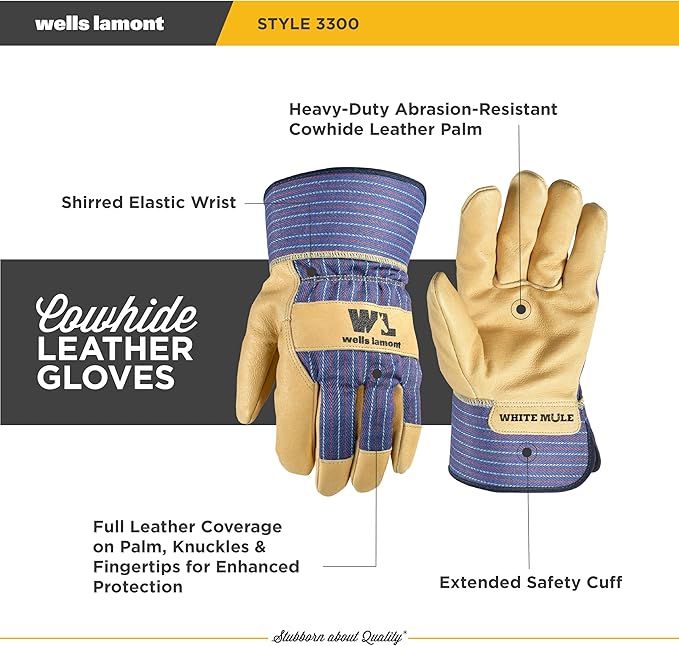 Wells Lamont Men's White Mule Heavy Duty Cowhide Leather Palm Work Gloves, Large (3300L)