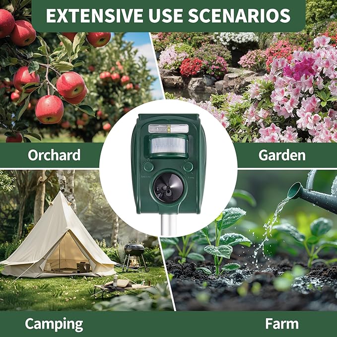 Upgraded Solar Ultrasonic Squirrel Deer Repellent Devices Motion Detection 5 Adjustable Modes, Cat Raccoon Rabbit Dog Deterrent, Animal Repellent with LED Waterproof for Yard