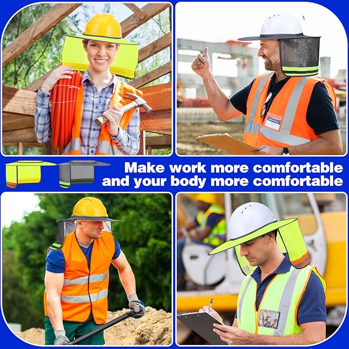 Vicenpal 10 Pcs Hard Hat Shade Full Brim, High Visibility Sun Visor Neck Shade with Reflective Strip, Hard Hat Accessories for Men Women Construction Use(Grey, Yellow)