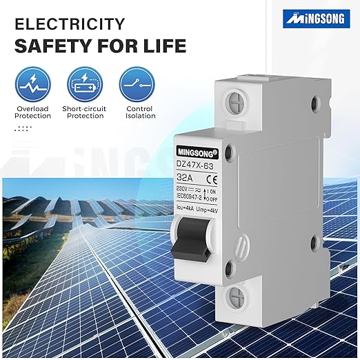 DC Solar Panels Disconnect Switch 32 Amp Solar Shut Off Switch 12V-400V 1 Pole AC Miniature Circuit Breaker for PV Homes, AC 110V DIN Rail MCB