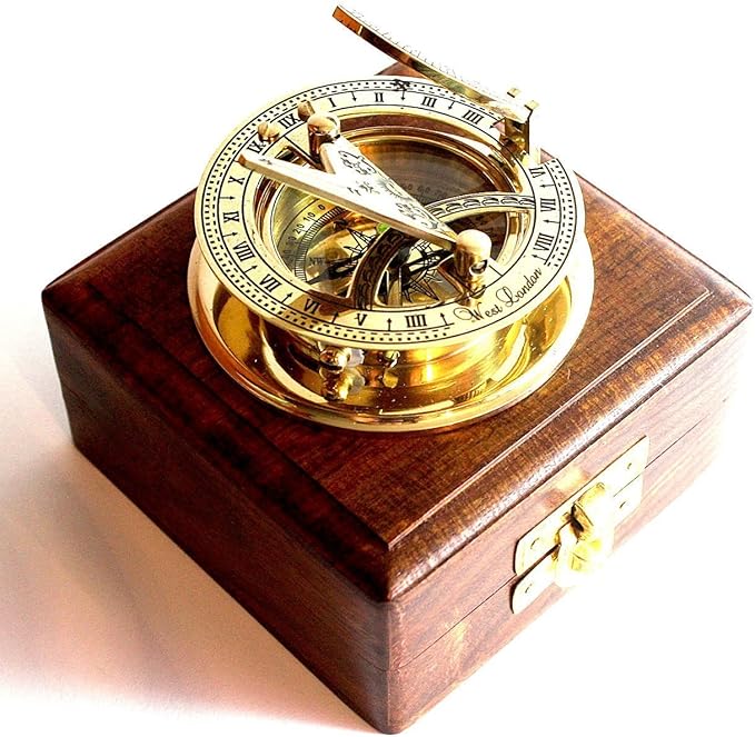 Brass Sundial Compass -Solid Brass Pocket Sundial - West London with Wooden Box Rustic Vintage Home Decor Gifts