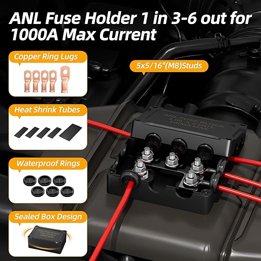 ANL Fuse Holder with 300A, 400A, 500A Fuses, Max 1000A Waterproof Marine Fuse Block, 1 in 3-6 Out, 4 x 5/16" M8 Studs Heavy Duty Dual Fuse Holder for Automotive, Boat, RV, Truck