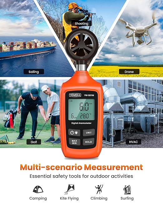 Digital Anemometer, YOWEXA Portable Wind Speed Meter with Backlight Screen, Air Flow Tester Supports Wind Chill Alert, Wind Checkers for Hunting HVAC Drone Sailing Golf Shooting