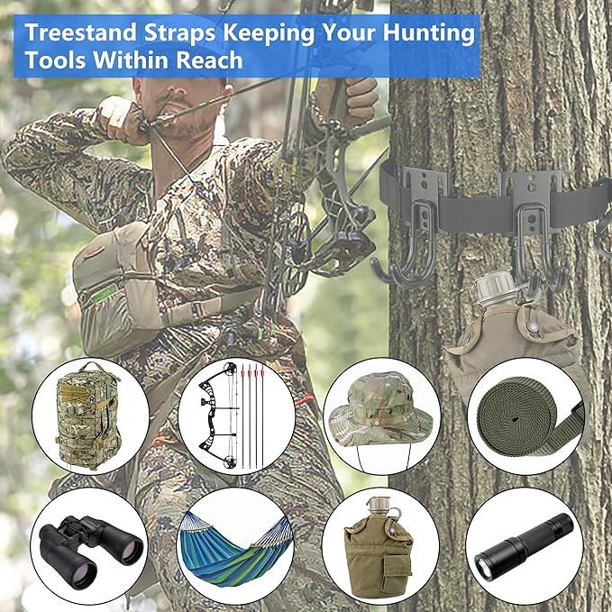 Tree Stand Harness Strap, Treestand Gear Hanger Starp with Multiple Carabiner Hooks for Hunting