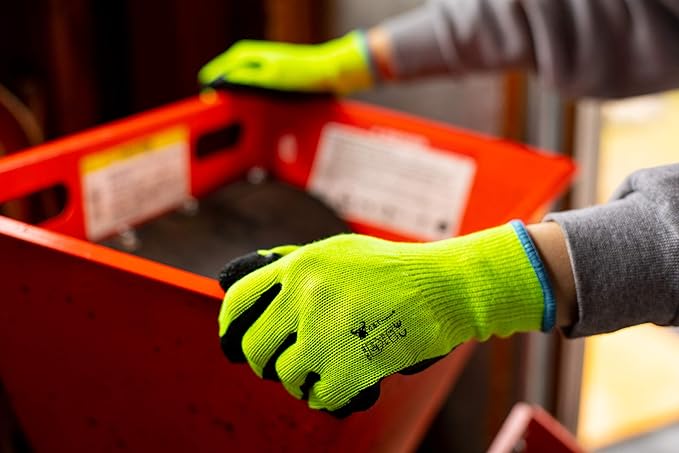G & F 1516 12 Pairs Pack Premium High Visibility Low emissions Green Work and gardening Gloves for Men and Women.MicroFoam Textured Coated Palm and Fingers Gloves for Gardening Work,Size Large,Green