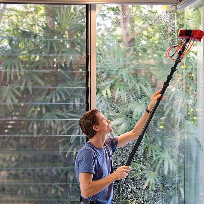 24FT Water Fed Pole Kit, Water Fed Cleaning System with Length Water Fed Brush, Adjustable Solar Panel Cleaning Kit Cleaner Tool for Window Glass Roof Outdoor Glass Brush Window Washing Equipment