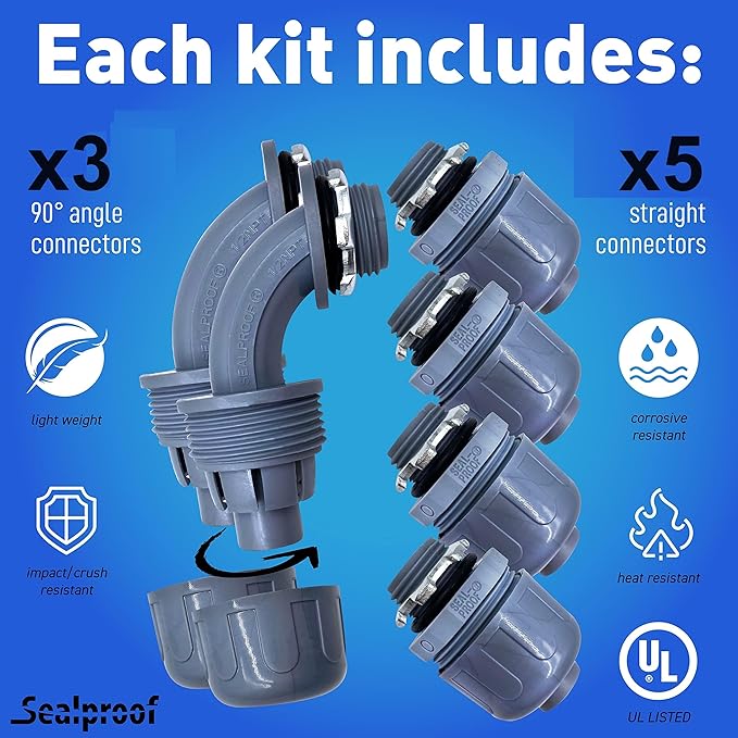 Sealproof 1/2-Inch Non-Metallic Liquid-Tight Conduit and Connector Kit, 50 Foot Made in USA Flexible Electrical Conduit Type B with 5 Straight and 3 90-Degree Conduit Connector Fittings, 0.5" Dia