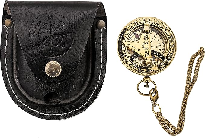 Brass Antique Sundial Compass with Leather Case | Push Button 5 Cm Dia Antique Finish Vantage Compass with Long Chain | Birthday Gift, Baptism Compass