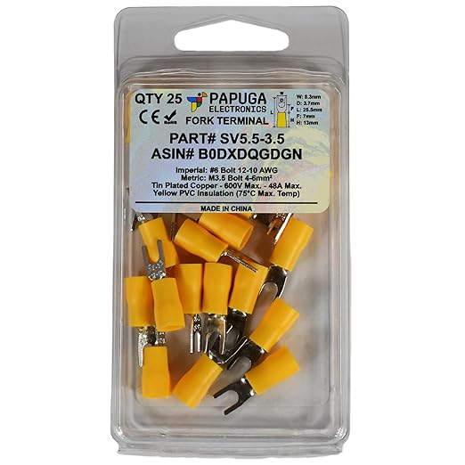 PAPUGA 25PCS 12-10 AWG (4-6 mm2) #6 / M3.5 Insulated Fork Spade Crimp Connector, 600V 48A, CE RoHS Automotive Electrical Crimp Terminal, Control Panels