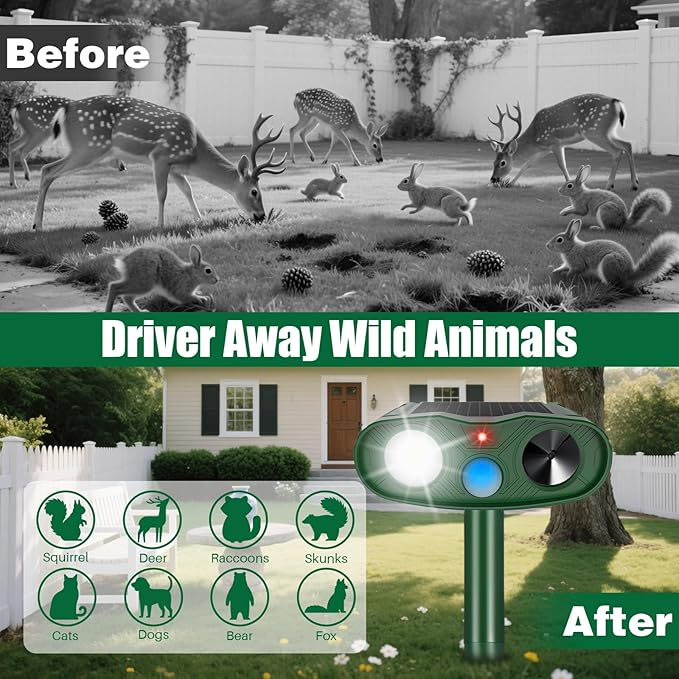 2 Pack Ultrasonic Animal Repellent Outdoor, Solar Deer Repellent Motion Sensor Cat Squirrel Rabbit Repeller, Waterproof Goose Dog Raccoon Deterrent with LED Strobe Flash Lights