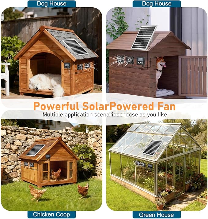 25W Solar Exhaust Fan with Battery, Solar Powered Fan for Shed & Greenhouse, 3 Modes Controller (Continuous/Timer/Motion Sensor), For Intake or Exhaust Vent Cooling for Chicken Coop, Dog House