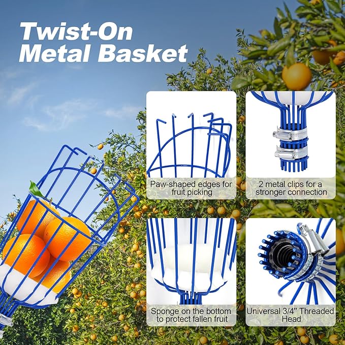 DOBEN Carbon Fiber Telescopic Fruit Picker, 12FT Extendable Pole with Picking Basket for Harvesting Apples, Oranges, Pears, Avocados on High Trees - Lightweight & Durable