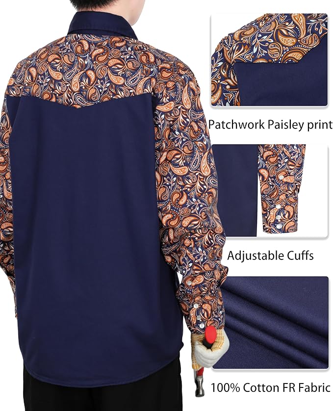 BOCOMAL FR Shirts Pearl Snaps Two Tone Plaid/Solid Flame Resistant Cotton Welding Shirt NFPA 2112 CAT 2