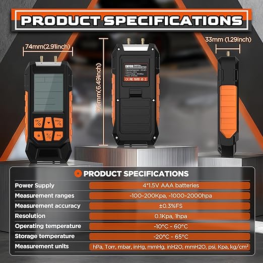 Manometer Gas Pressure Tester Pro 3" LCD Display Digital Manometers -101 KPa to 200KPa Dual-Port Gas Manometers HVAC with Auto Calibration, Max/Min Value, Data Records