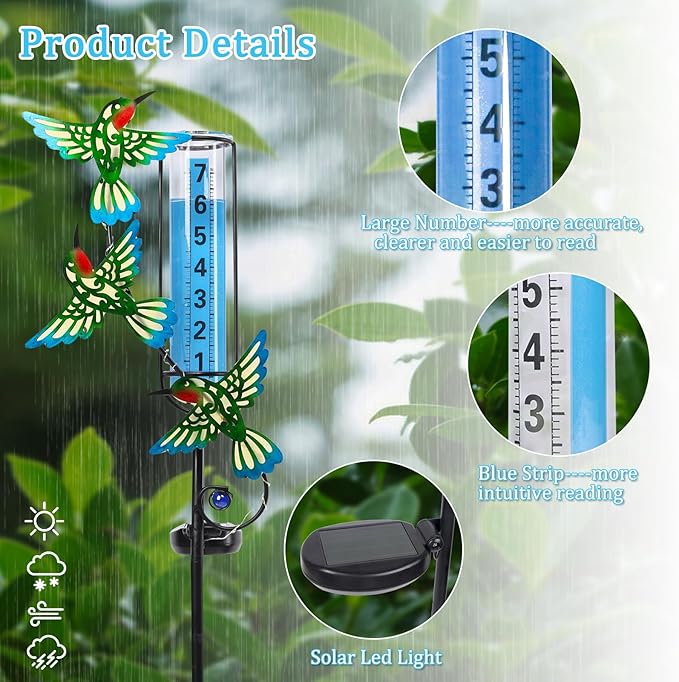 WONDER GARDEN Solar Rain Gauge Outdoor, Hummingbird Decorative Rain Gauges Outdoors Best Rated, Freeze Proof Water Rain Measure Gauge for Yard Patio Lawn Garden Decor