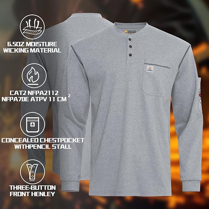 FR Shirts for Men CAT2/HRC2 Flame Resistant Shirts 6.5oz Light Weight Long Sleeve Fire Retardant Shirts