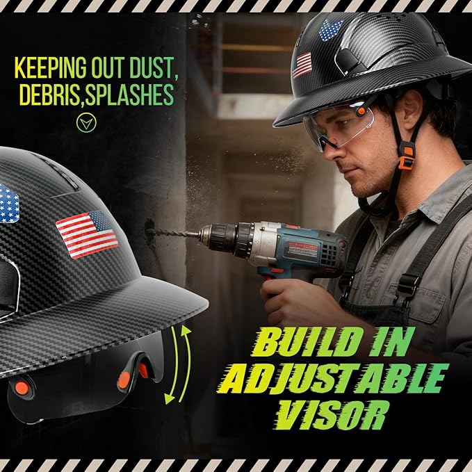 Carbon Fiber Pattern Full Brim Hard Hat with Visor-OSHA Approved Construction Safety Helmet for Men Women,ANSI Z89.1 Vented Reflective Hardhat with Hard Hat Chin Strap,6-Point Suspension
