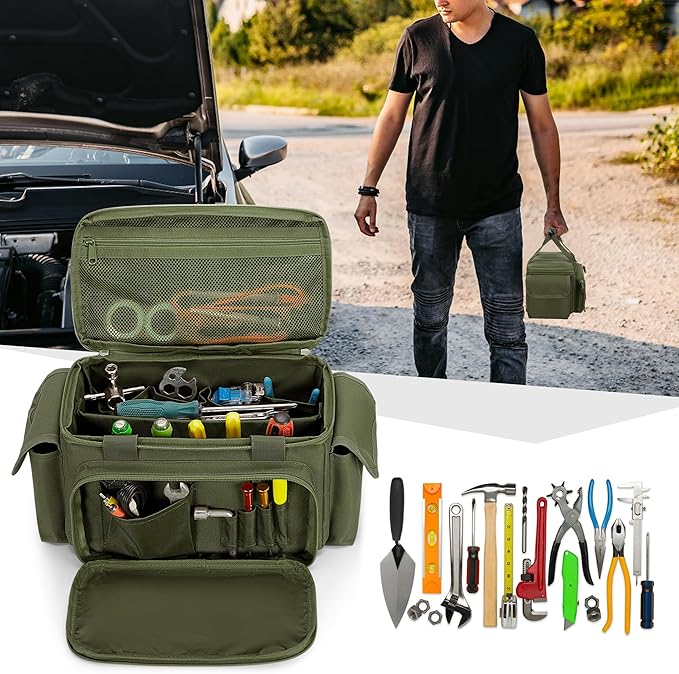 Small Tool Bag with Anti-friction and Thick Padded Bottom, Tool Storage Organizer for Men, Tactical Range Bag, Multi-functional Work Bag for Repairman, Electrician, Carpenters (Green)