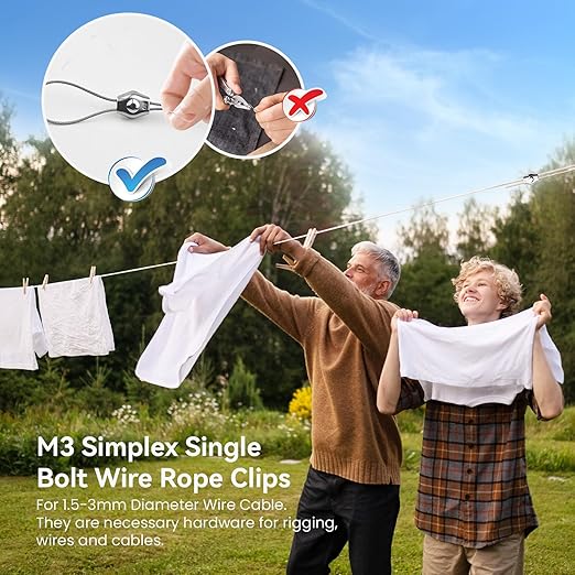 20Pcs M3 Stainless Steel Single Wire Rope Clips, Simplex Bolt Cable Clamp for 1/16in-1/8in Diameter Wire Cable for Picture Hanging Christams String Light, Free Wrench